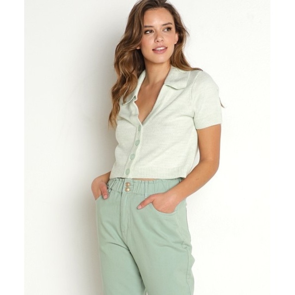 Show Me Your Mumu Seafoam Green Scooter Sweater Small Cropped Polo Top Soft